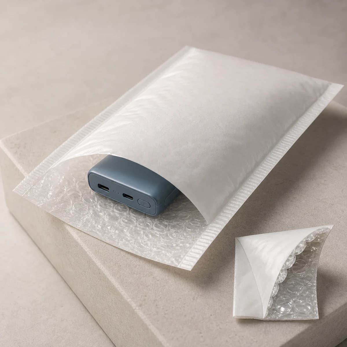 Envelope de segurança com bolha protegendo pequeno acessório eletrônico