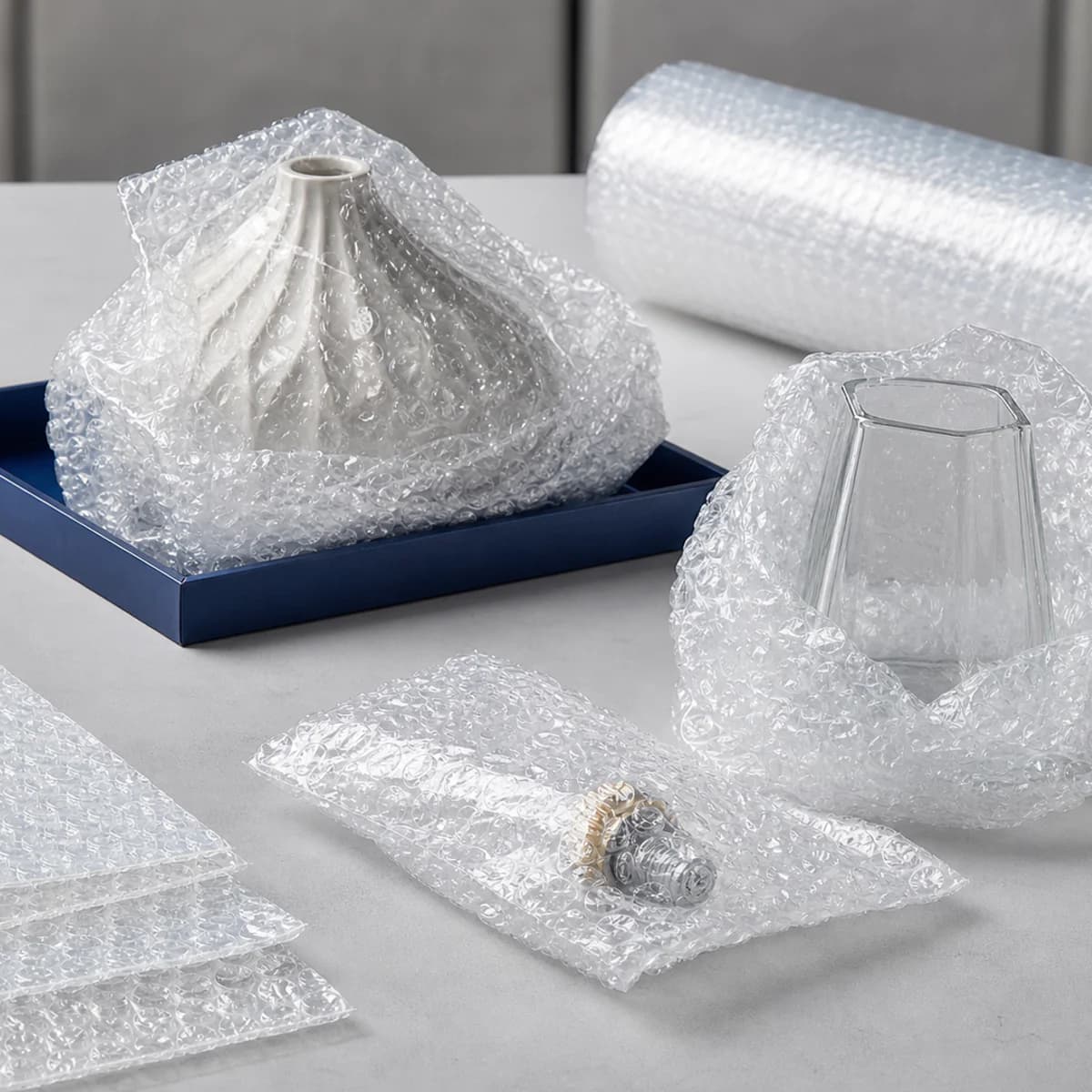 Sacos de plástico bolha protegendo individualmente produtos frágeis
