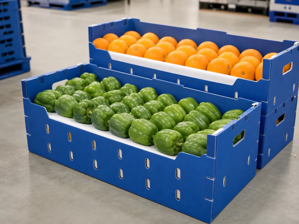 Caixas ventiladas de PP corrugado com produtos hortifruti