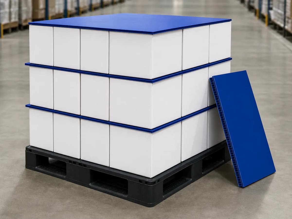 Carga paletizada com layer pads azuis separando as camadas