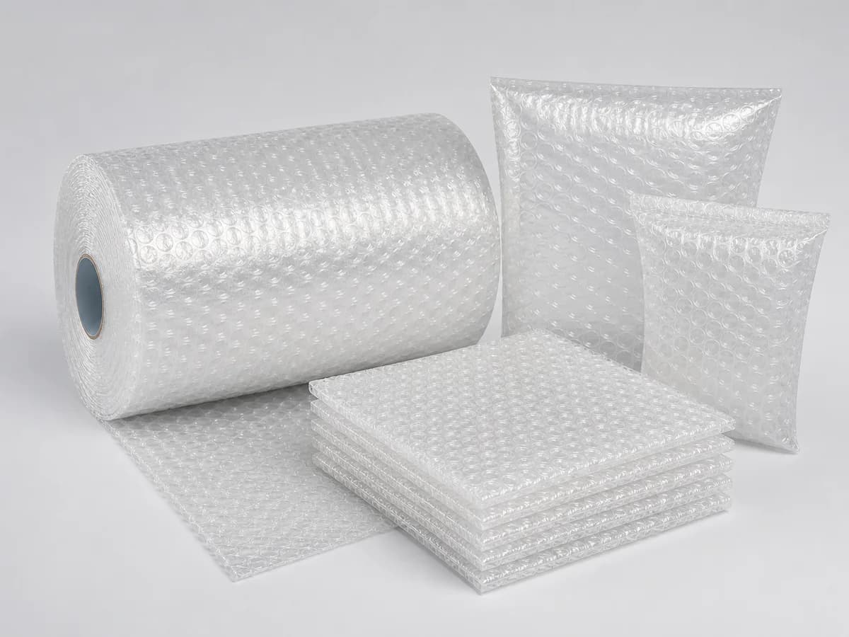 Bobina, folhas e sacos de plástico bolha